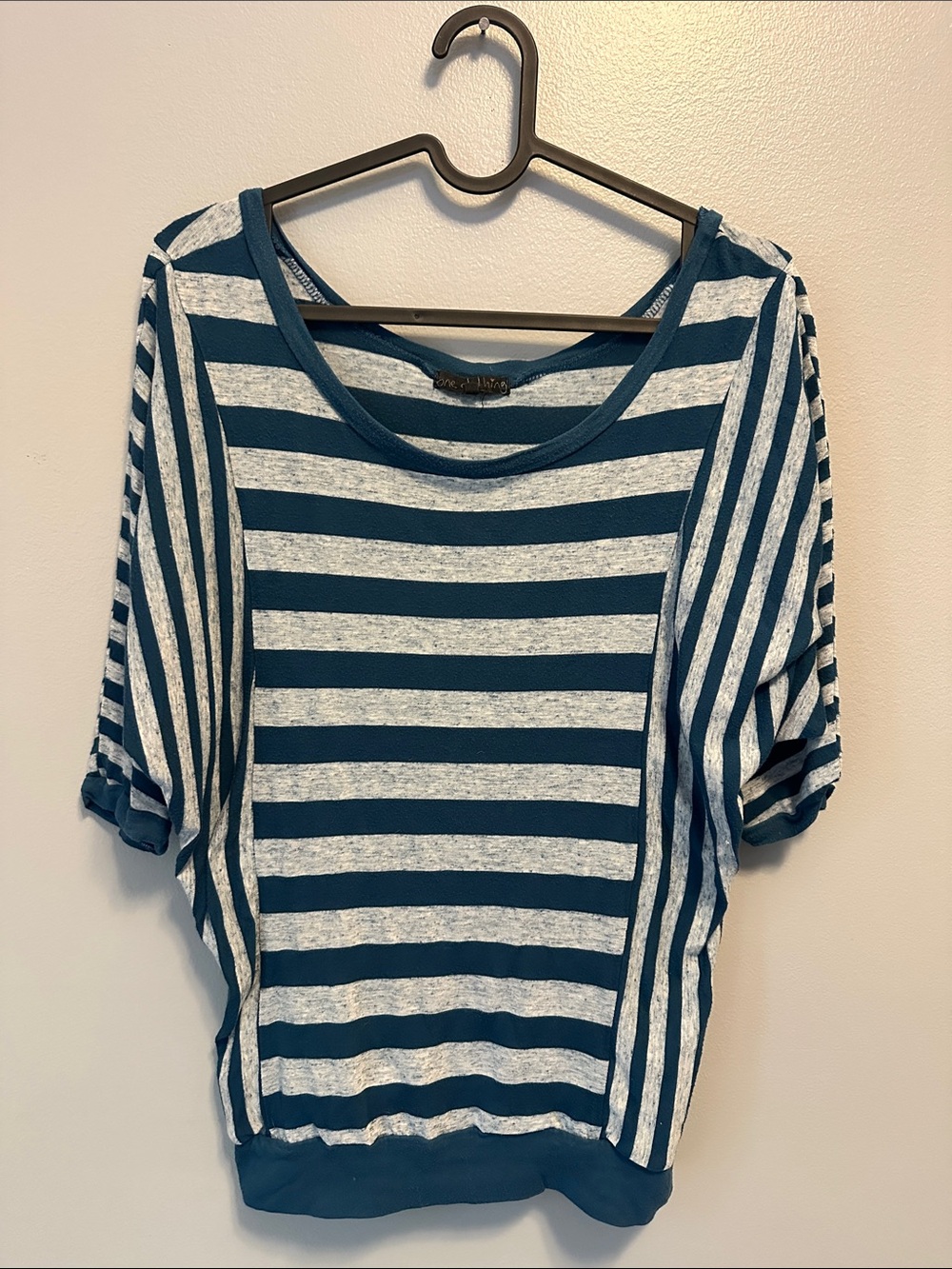 one clothing Teal and Light Gray Striped Short Sleeve Scoop Top